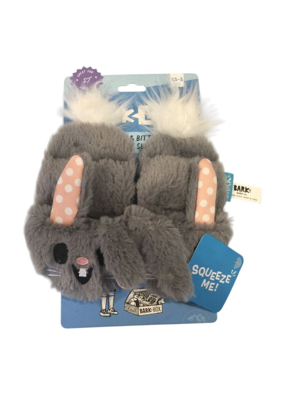Bark Box Itty & Bitty Bunny Slippers Gray Peach Plush Crinkle Squeak Dog Toy